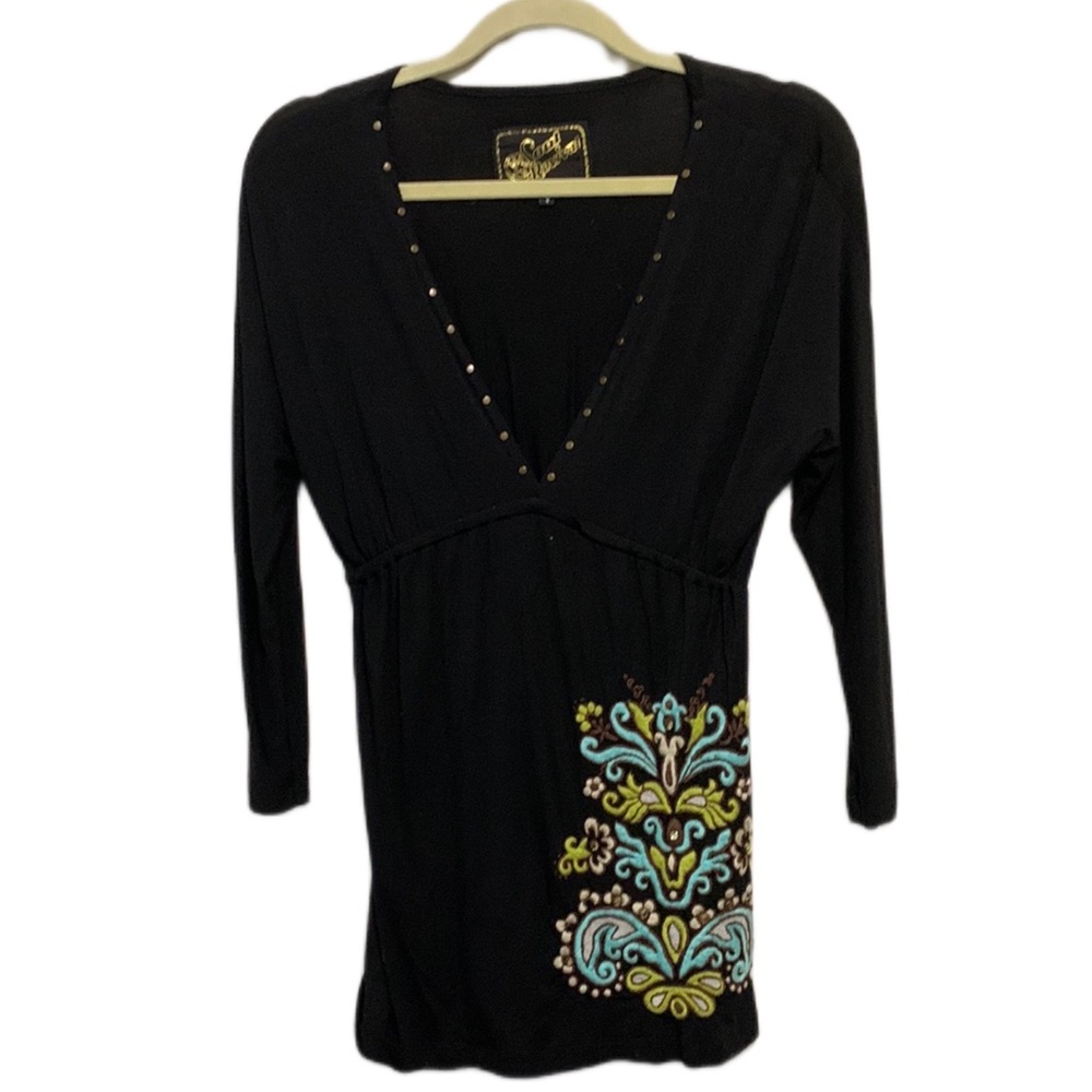 Soul Revival Black Tunic with Teal and Yellow Embroidery